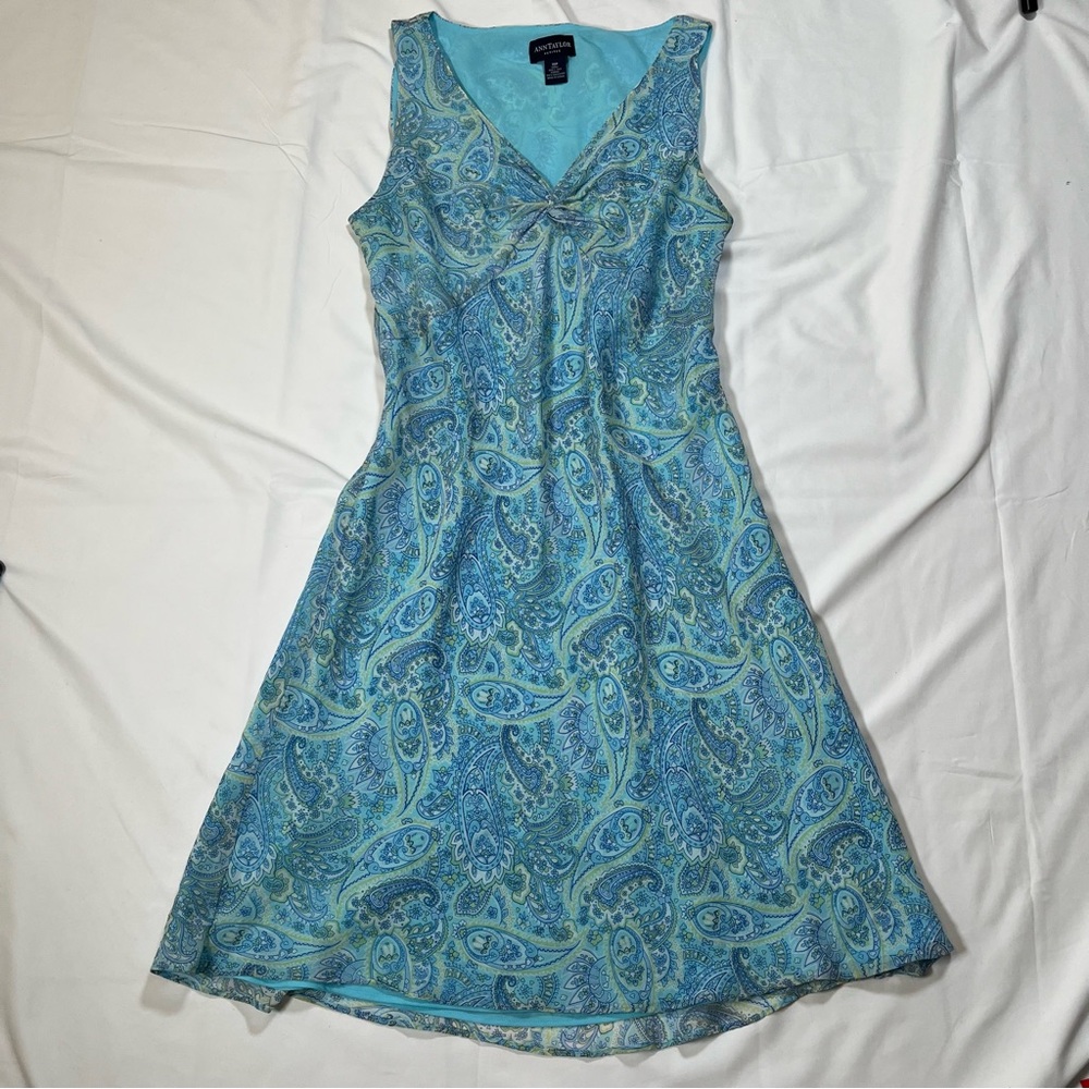 Vintage Ann Taylor Silk‎ Floral Paisley Mini Dress Size 10P Blue Y2k